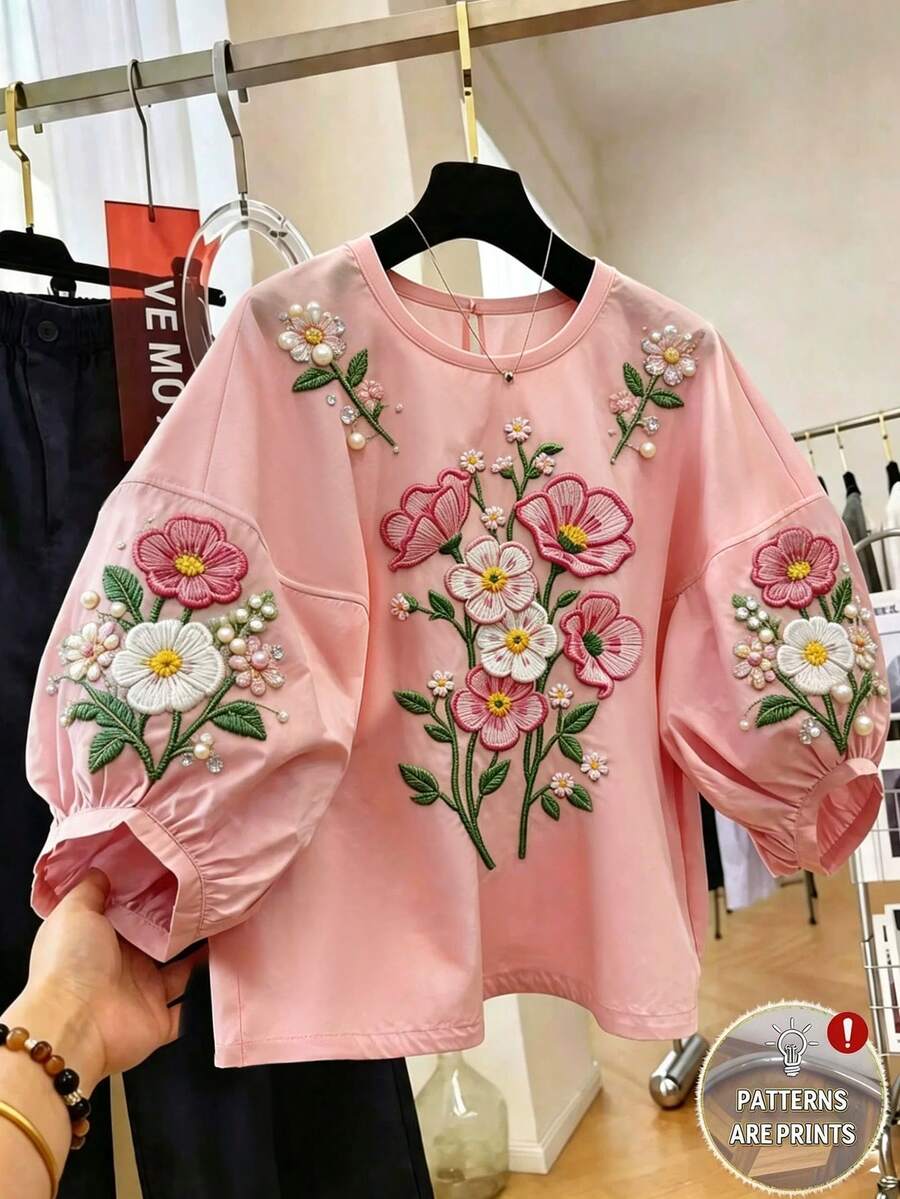 GlowEve Women's Summer Vacation Floral Faux Embroidery Print Round Neck Blouse Brunch Tea Party Pink Floral Romantic Cute - Pink - View 1