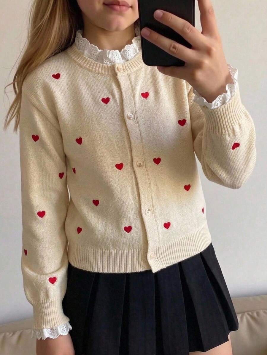 Tween Girl 秋/冬時尚 心形拼接 白色對比色 荷葉邊 極簡針織開襟衫 長袖毛衣 - 杏色 - 查看 1