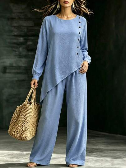 Linhara CURVE Plus Size Women's Woven Casual Daily Autumn Two Pieces Set