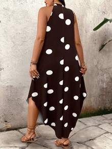 Breezaya Vestido casual elegante de verano para mujer talla grande con cuello con cremallera, sin mangas y estampado de lunares - Café integral - Ver 2