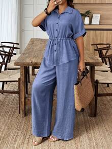 Weeklong Plus Size Solid Color Rolled Hem Summer Drawstring Waist Casual Shirt And Pants 2 Pieces Set - Blue - View 4