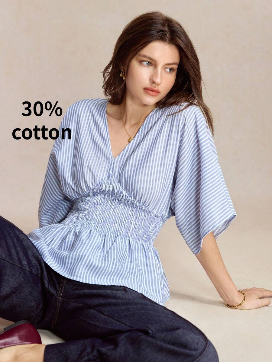 BizChic Women's Blue And White Stripe Cinched Waist Blouse With Ruffle Shoulder Sleeves And Flared Hem Summer Halloween Back To School Vacation Brunch Casual