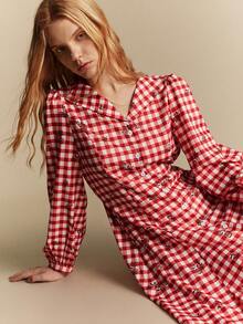 SHEIN Women's Elegant Red Plaid Print Long Sleeve Full Skirt Button Dress - Red - View 5