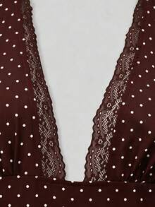 GlowEve Women's Halter Neck Sleeveless Waist-Cinching A-Line Short Dress, Bow Tie, Brown And White Polka Dot Pattern, Textured Fabric, Summer Elegant Holiday - Burgundy - View 7