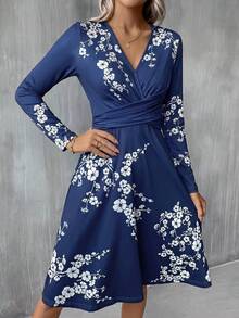 SHEIN Clasi V-Neck Waist Twist Knot Plum Blossom Print A-Line Dress - Teal Blue - View 3