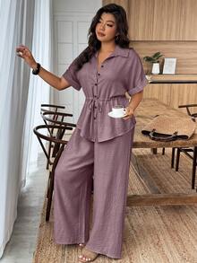 Weeklong Conjunto de 2 piezas de top de manga corta con botones y pantalones de pierna ancha en unicolor para tallas grandes - Morado - Ver 4