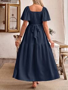 SHEIN Women's Casual Ruffle Sleeve Bow Back Design Maternity A-Line Dress - Navy Blue - View 2