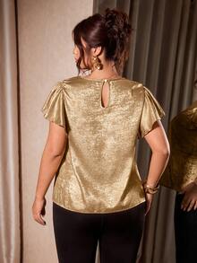 Cravure Plus Size Women's Elegant Ruffle Short Sleeve Gold Bronze Metallic Texture Blouse, Commute & Vacation Shirt - Gold - View 3