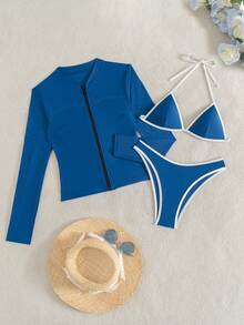 Swim SPRTY 3pcs Spring Break Beach Casual Tight Sports Style Set Vs Solid Color Bikini Set And Long Sleeve Zipper Swimsuit Jacket - Blue - View 4