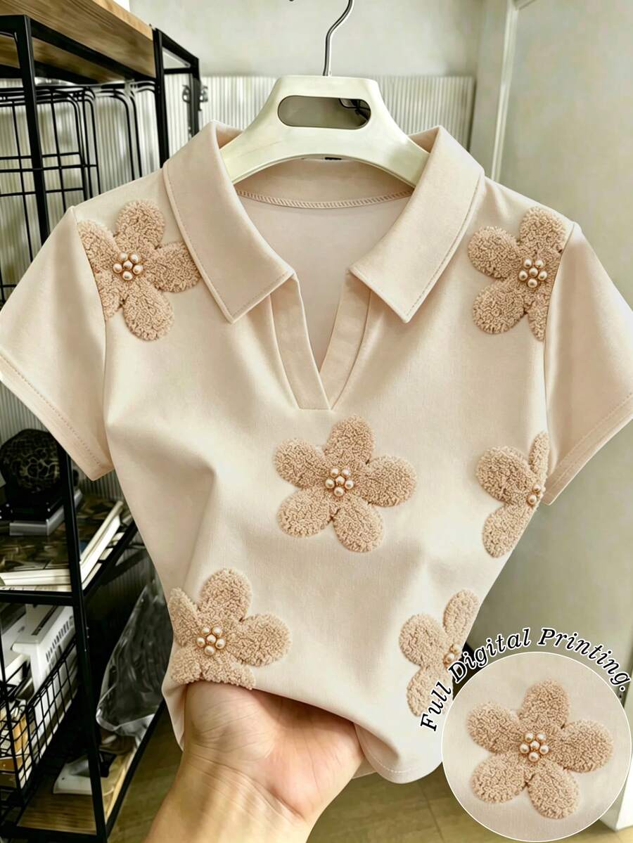 Resyla 女款大尺碼 Polo 領短袖上衣,仿花卉刺繡珠飾數位印花,2026 春夏休閒百搭時尚單品 - 彩色 - 查看 1