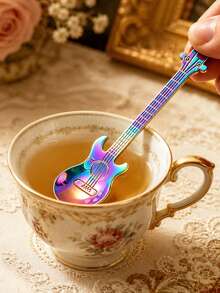 1 pieza Cuchara con forma de guitarra creativa de plata, adecuada para café, té, postres, helado - Utensilio de cocina de acero inoxidable, artículos de cocina, vajilla - Color - Ver 2