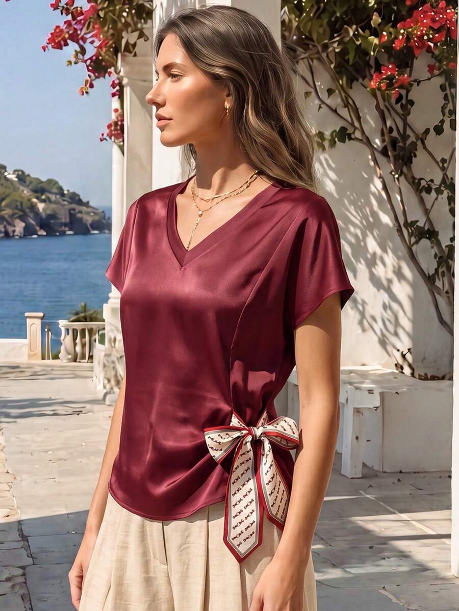 SHEIN Rosurelle 新款春夏白色短袖蝴蝶结侧边T恤(女款) - 酒紅色 - 查看 1