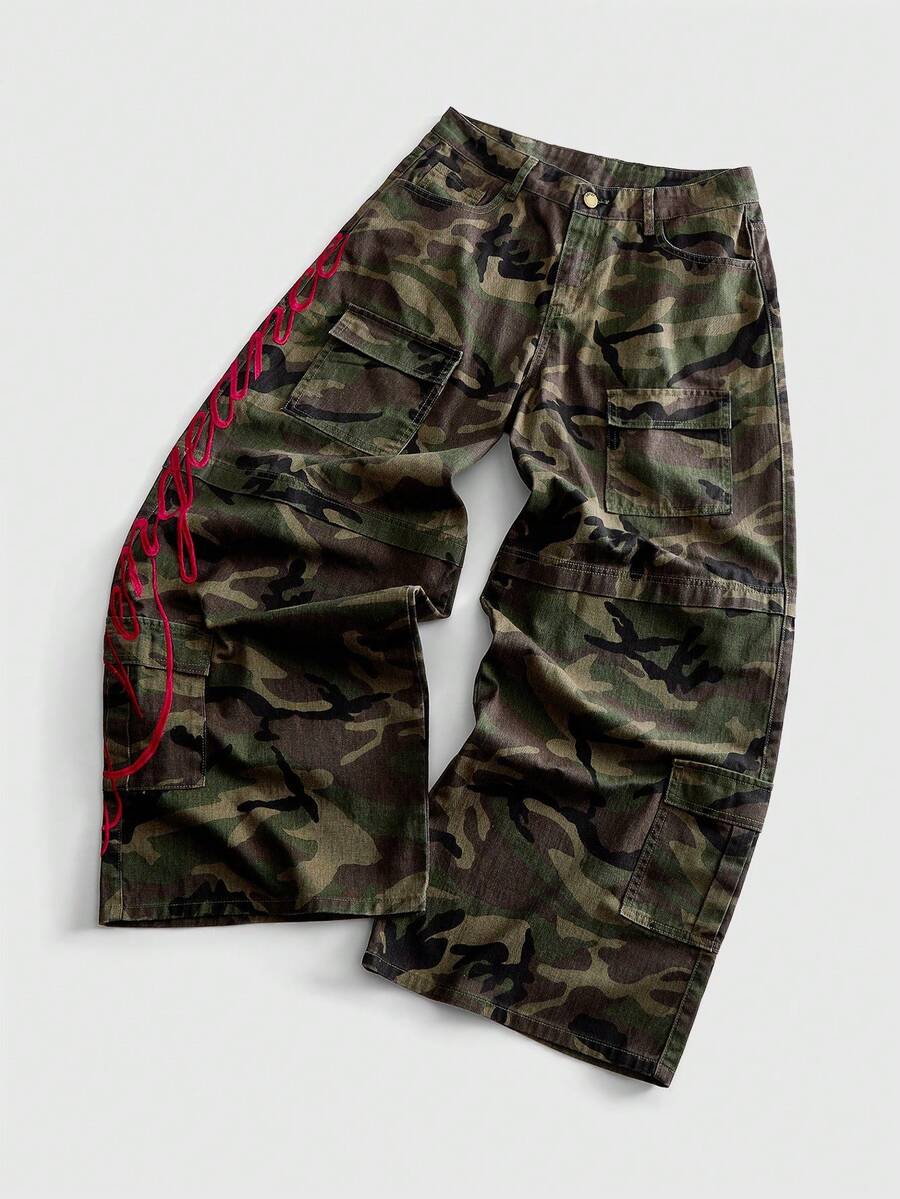 ROMWE MEN Men's Embroidered Pattern Camouflage Loose Fit Jeans - Multicolor - View 1