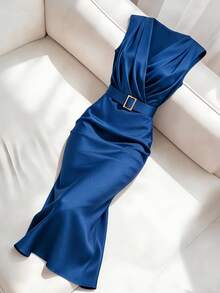Elenzga Plus Size Women's Summer Satin Sleeveless Dress, Deep Teal V-Neck Cinched Waist With Metal Belt, Fitted Elastic Glossy Satin With Metal Buckle, Mermaid Midi Dress, Elegant Fashionable Party Evening Gown - Royal Blue - View 4