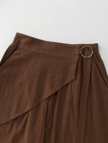 LUMIGAL Vintage Casual Commute Elegant Linen Circle Decor Asymmetrical Hem Screen Tie Pocket Wide Leg Long Pants - Brown - View 5