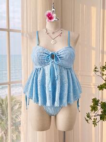 Bellisia Plus Size Women's Beach Vacation Front Tie Embroidered Tankini Set - Blue - View 5