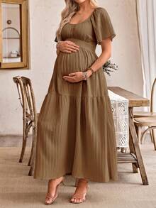 SHEIN Women's Casual Ruffle Sleeve Bow Back Design Maternity A-Line Dress - Brown - View 5