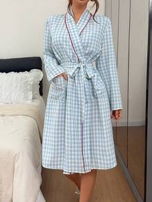 Napfluff Romantic Blue Women's Plaid Print Long Sleeve Robe - Blue - View 1