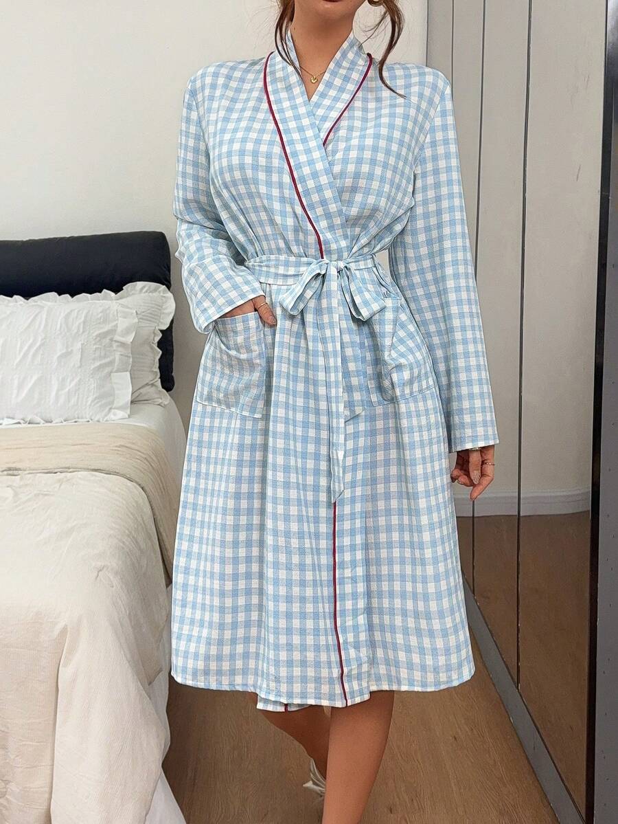 Napfluff Romantic Blue Women's Plaid Print Long Sleeve Robe - Blue - View 1