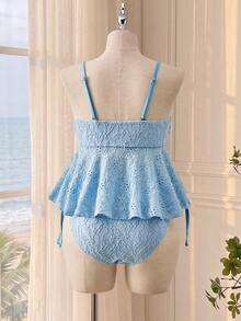 Bellisia Plus Size Women's Beach Vacation Front Tie Embroidered Tankini Set - Blue - View 2