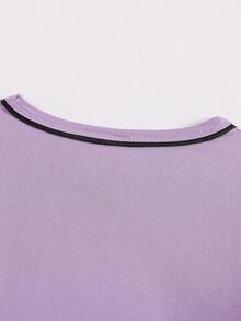 女童簡約格紋長褲與英文字母印花長袖休閒兩件式居家服套裝 - 紫色 - 查看 6