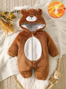 SHEIN Playful Pals Winter Warm Hooded One-Piece Baby Costume - Coffee Brown - View 9