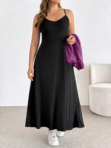 SHEIN Essnce Plus Size Women's Solid Color Spaghetti Strap Dress And Long Sleeve Cardigan Casual Daily 2-Piece Set - Red Violet - View 6
