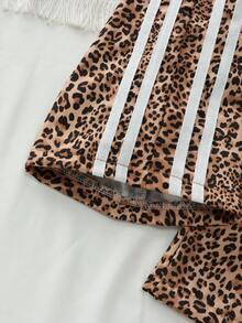 SHEIN Young Girls Long Pants, Spring/Autumn, Classic Brown Leopard Print, Vintage Athletic Style, White Vertical Stripes, Contrast Design, Back-To-School - Multicolor - View 8