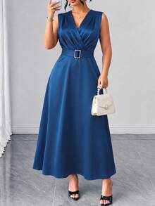 Elenzga Plus Size Women's Summer Satin Sleeveless Dress, Deep Teal V-Neck Cinched Waist With Metal Belt, Fitted Elastic Glossy Satin With Metal Buckle, Mermaid Midi Dress, Elegant Fashionable Party Evening Gown - Royal Blue - View 3
