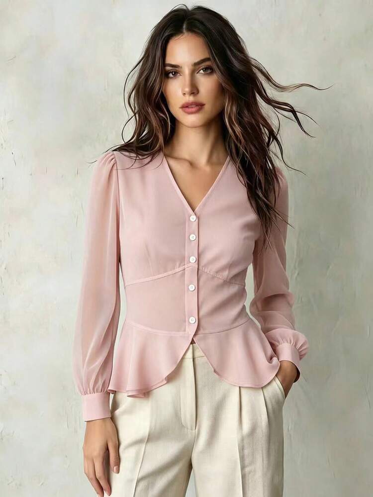 Franclia 女款柔粉色優雅襯衫，V領鈕扣荷葉邊下擺長袖上衣，收腰設計，適合秋季度假、休閒與辦公穿搭 - 粉色 - 查看 1
