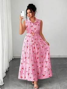 Elenzga elegantes süßes Blumen-Allover-Kirschmuster ärmelloses Hemdkragen einreihiges großes A-Linien-Kleid in Große Größen, schlankmachendes mehrschichtiges Patchwork-Kuchenrock-Design, geeignet für tägliches Pendeln, Ausflüge, Urlaub, Party, Date, Reisen - Pink - Übersicht 1