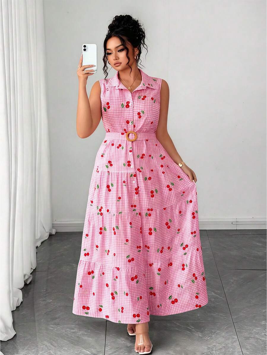 Elenzga elegantes süßes Blumen-Allover-Kirschmuster ärmelloses Hemdkragen einreihiges großes A-Linien-Kleid in Große Größen, schlankmachendes mehrschichtiges Patchwork-Kuchenrock-Design, geeignet für tägliches Pendeln, Ausflüge, Urlaub, Party, Date, Reisen - Pink - Übersicht 1