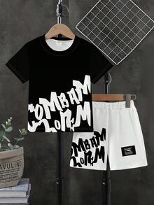 夏季新款青少年男孩休閒短袖上衣與短褲2件套，字母印花寬鬆套裝，中大童熱門街頭風，適合日常出遊、校園、旅行，時尚帥氣兒童套裝，暢銷酷感運動裝，實用百搭適用多種場合 - 彩色 - 查看 5