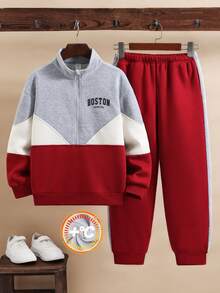 SHEIN 2件組兒童青少年男孩休閒學院風拼色拼接字母印花圓領半拉鍊長袖套頭運動衫與鬆緊腰慢跑長褲套裝，適合秋冬、學校、家庭聚會、開學季、運動、玩耍、生日派對、拍照、度假、節日 - 彩色 - 查看 4