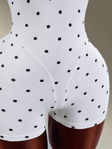 Amplova 波點印花修身背心運動連身短褲 性感連身衣 深V領露背 健身運動健身房休閒時尚外出穿搭 - 白色 - 查看 7