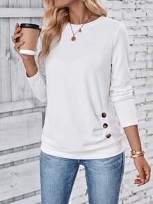 EMERY ROSE Camiseta de manga larga de unicolor versátil y casual para mujer - Blanco - Ver 3