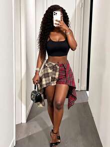 SHEIN BamGlam Women's Plaid Asymmetrical Hem Fashion Grunge Punk Casual Skort After Party Everyday Night Brown Summer - Apricot - View 4