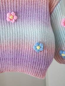 SHEIN 女童手工花卉漸層針織毛衣，可愛休閒圓領燈籠袖套頭衫，秋季款 - 彩色 - 查看 5