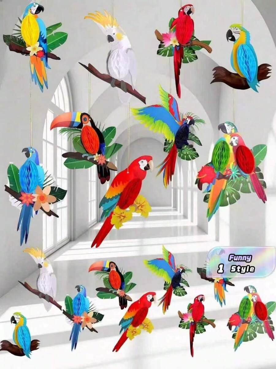 9件裝熱帶鳥飾品,里約熱內盧派對吊飾,雨林吊掛紙鳥,適用於夏威夷主題派對、夏季海灘、叢林、探險主題生日派對,居家與教室裝飾 - A - 查看 1