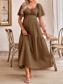 SHEIN Women's Casual Ruffle Sleeve Bow Back Design Maternity A-Line Dress - Brown - View 4