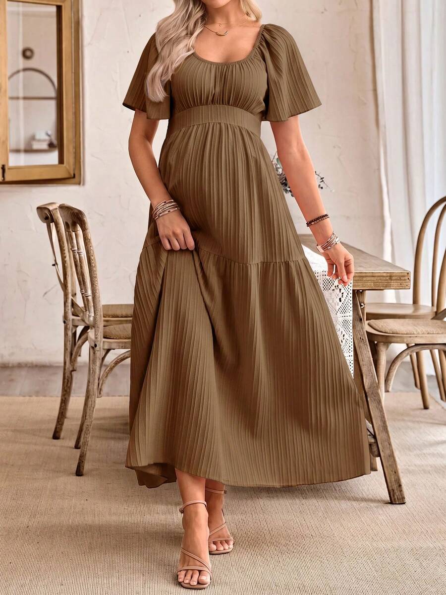 SHEIN Women's Casual Ruffle Sleeve Bow Back Design Maternity A-Line Dress - Brown - View 1