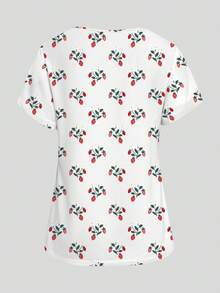 PopScrub Women's Strawberry Pattern Short Sleeve Pocket Scrub Uniform Top - Multicolor - View 2
