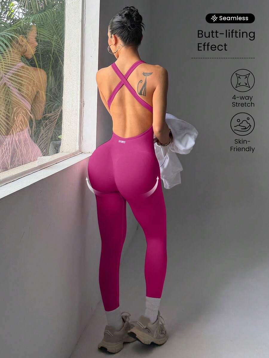 SHEIN Sports 女款無袖性感運動連身褲 - Red Plum - 查看 1