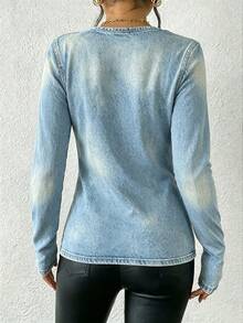 Selamara Women's Fashion Street Style Faux Denim Print Long Sleeve T-Shirt - Multicolor - View 2