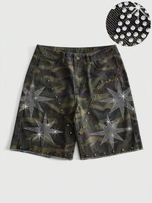 ROMWE MEN Men's Sparkling Rhinestone Rivet Craft Camouflage Denim Shorts - Army Green - View 1