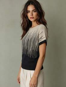 SHEIN Franclia Women's Casual Daily Colorblock Round Neck Batwing Sleeve Knit Top Summer - Multicolor - View 3