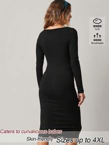 SHEIN BASICS فستان كاجوال ضيق بلون موحد مقاس كبير للخريف - الأسود - مشاهدة 5