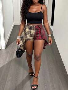 SHEIN BamGlam Women's Plaid Asymmetrical Hem Fashion Grunge Punk Casual Skort After Party Everyday Night Brown Summer - Apricot - View 3