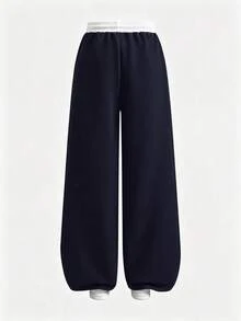 SHEIN 青少年女孩針織海軍藍與白色拼色抽繩休閒寬鬆運動長褲 - 藏蓝色 - 查看 2