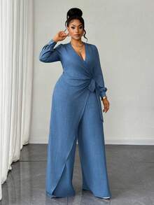Maweii Plus Size Sexy Lace-Up Wrap Jumpsuit Fall - Blue - View 4